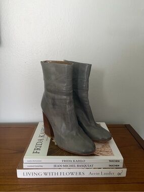 Zara Gray Leather Mid-Calf Block Heel Boots